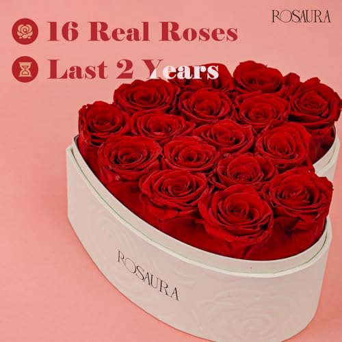 Rosaura Heart-Shaped Preserved Roses Gift Box - Real Forever Flowers for Christmas, Birthday, Valentine's & Mother's Day (red, 16 roses) - color: red, size: 16 roses