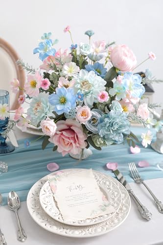 rongflower Artificial Flowers Combo Box Set Silk Flowers Fake Rose for DIY Floral Arrangements Wedding Bouquets Centerpieces Baby Shower Party Home Decorations (Blue Pink) - color: Blue Pink