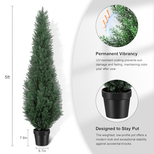 5FT Artificial Cedar Trees, Set of 2 - UV Resistant Realistic Faux Evergreen Cypress Trees, Adjustable Branches, All Weather for Front Porch, Outdoor Planters, Indoor Home Decor - size: 5ft