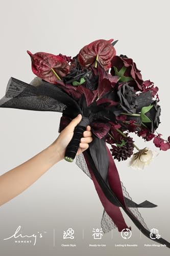Ling's moment Black and Burgundy Wedding Bouquets for Bride, Gothic Bridal Bouquets for Bride, 13 Inch Free Form Artificial Wedding Flower Bouquet - color: Blk-moody Burgundy & Black, size: Small 13 Inch