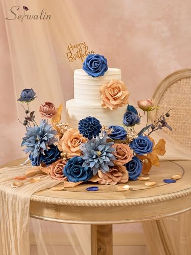 Serwalin Fall Flowers Artificial, Terracotta Orange Rose Silk Flowers with Stems, Navy Blue Dahlia Fake Flowers for Wedding Bridal Baby Shower Party DIY Craft Home Cake Decoration - color: Blue & Orange Terracotta, size: Square