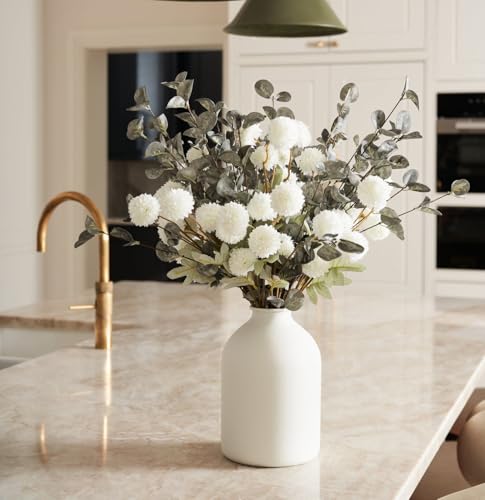 Laelfe 10 Kiku Artificial Flowers + 5 Large Eucalyptus Branches, Silk Fake White Flowers Pompon Mums (Ball Flower Stems) - Decor for Home, Centerpieces & Shower Arrangements(Vase not Included) - color: 10 Kiku+5 Eucalyptus