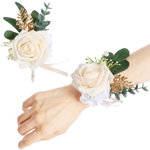 Champagne Rose Wrist Corsage Bracelet Wristlet Band and Men Boutonniere Set Artificial Flowers Corsage Wristband Boutonniere Set for Wedding Prom Bride Groom Homecoming Suit Decorations - color: Champagne