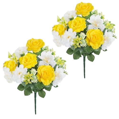 Spring Cemetery Flowers for Grave 2 Bundles Yellow White Rose Lily Bouquets 18.5" Fake Silk Flower Arrangements for Outdoors Summer Home Kitchen Wedding Table Centerpieces Decor - color: Yellow White-2pcs