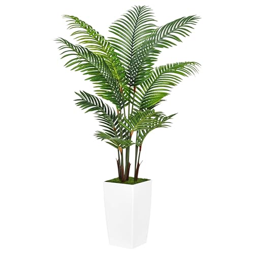 Artificial Plants Indoor - Fake Tree with White Tall Planter - Faux Floor Large Plant in Pot - Evergreen Artificial Silk Trees for Home Office Living Room Decor Indoor (Palm Tree 5FT)