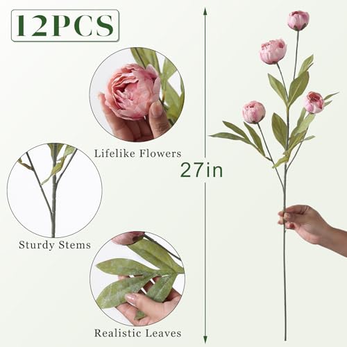 VIERENA 12 Pcs Faux Silk Peony Artificial Flowers for Vase -27", Bulk Fake Peonies Branches with Stems for DIY Bouquet Centerpieces Wedding Fillers Arrangements Shower Decorations (Blush Pink) - color: Blush Pink