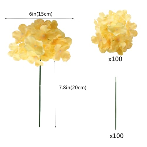 WEISPARK 100PCS Artificial Hydrangea Flowers, Fake Flowers Silk Hydrangea Full Flowers Heads with Stems for Wedding Home Party Shop Baby Shower Decor (Yellow Champagne) - color: Yellow Champagne