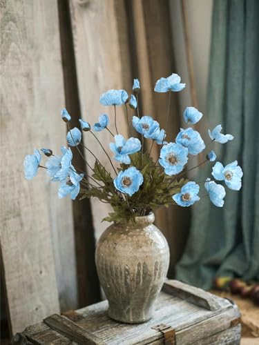 IPOPU Sky Blue Artificial Poppy 6pcs Light Blue Fake Poppies Baby Blue Silk Flowers for Baby Shower Centerpieces Bridal Shower Party Decorations (Sky Blue) - color: Sky Blue