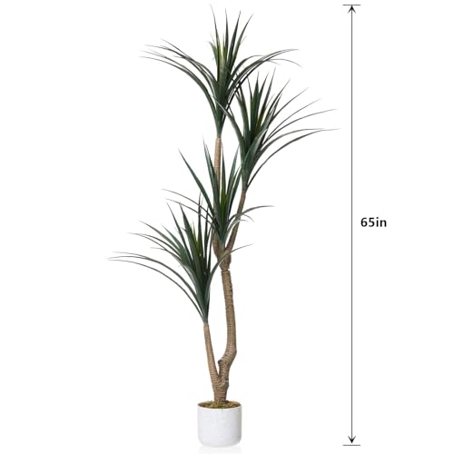 5.4FT Tall Artificial Dracaena Tree in White Pot, Evergreen Faux Dragon Yucca Plant Tree, 65in Tall Indoor Fake Yucca Tree Decorative Potted Floor Plant, for Living Room Entryway Porch Office
