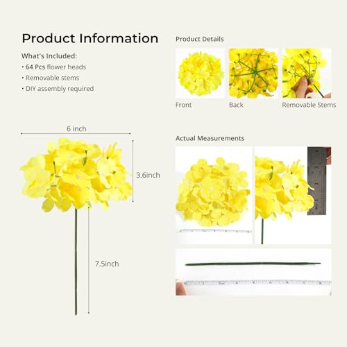 Auihiay 64pcs Hydrangea Artificial Flowers, Yellow Silk Hydrangea Heads with Stems, Hydrangea Flowers for DIY Wedding Centerpiece Baby Shower Home Party Decor (Yellow) - color: Yellow