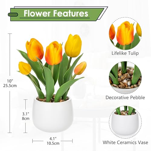Hollyone Yellow Tulips Artificial Flowers in Vase Fake Tulips Silk Flowers Arrangements Faux Tulip Bulbs with Ceramic Pot Tulip Potted Plants Floral Bouquet for Home Decor Table Centerpiece Decoration - color: Small - Yellow