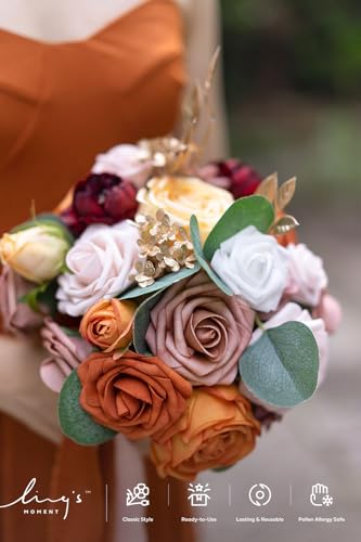 Ling's moment Artificial Flowers Fake Silk Roses Faux Foam Flower Combo for DIY Wedding Bouquets Centerpieces Arrangements Bridal Shower Party Home Decorations, Orange & Dusty Rose, 21pcs - color: Or-orange & Dusty Rose
