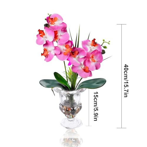 Jusdreen Artificial Purple Orchid Centerpiece, 14.5 Inch Phalaenopsis in Glass Vase with Potting for Home Office Table Decor, Realistic Orchid Arrangement - color: Wine Glass-purple
