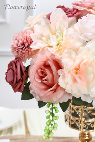 Floweroyal Artificial Flowers Combo Pink Flowers Mix Silk Flowers Dahlia Roses with Stems for DIY Wedding Bridal Bouquets, Baby Shower, Floral Arrangement, Table Centerpieces, Home Decorations - color: Blush Pink & Light Champagne