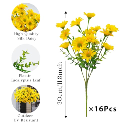 16 Bundles Silk Daisy Artificial Flowers for Outdoors UV Resistant Fake Daisies Plastic Plants Flower for Home Outside Front Door Porch Garden Patio Planters Decoration (Yellow) - color: Yellow
