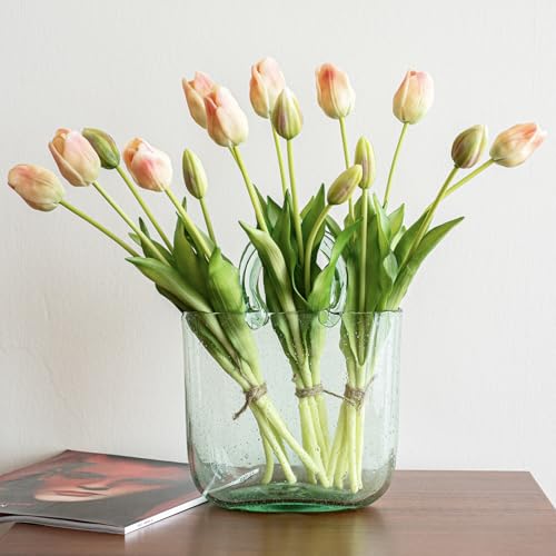 DUYONE 15pcs Artificial Tulips Flowers, Soft Touch Latex Bouquet, Fake Tulips for Office Wedding Party Home Kitchen Garden Decoration - color: 15pcs Pink Champagne (No Vase)