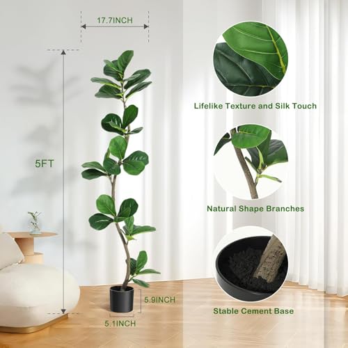 IDEALHOUSE 5ft Lifelike Artificial Fiddle Leaf Fig Tree, Fake Ficus Lyrata Tree with Sturdy Cement Base, Indoor Outdoor Decor for Home Office Living Room, Ideal Housewarming Gift - size: 5ft