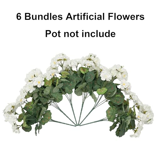 Fake Geraniums Artificial Flowers for Outdoors Outside, 6 Bundles White Silk Geraniums Fake Flowers Plants Realistic UV Resistant Faux Flowers for Outdoor Planters Garden Balcony Yard Porch Indoor - color: White
