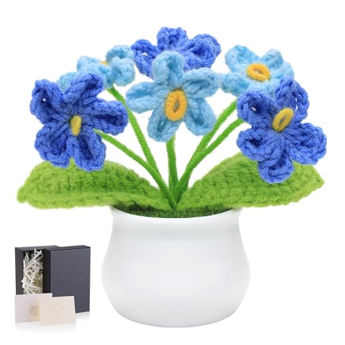 LAIDANLA Crochet Flowers Forget Me Not Gradient Blue Handmade Anniversary Graduation Appreciation Birthday Small Gifts for Women Crochet Flower Potted Plant for Desk Accessories - color: Ombre Blue