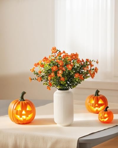Artificial Fall Flowers for Outdoors, 12 Bundles Fake Orange Flowers for Outdoor Planters, Faux Mums with Silk Flowers for Porch Decor Garden Patio Home Aesthetic (Pure Orange) - color: Pure Orange