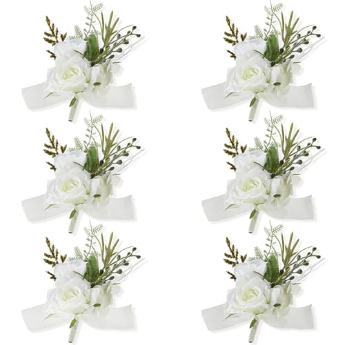White Artificial Rose Boutonnieres for Men Wedding, 6Pack | Faux Silk Boutonniere for Prom Homecoming Party Anniversary Formal Engagement Graduation Banquet for Groom Best Man - color: 6pcs White Boutonnieres