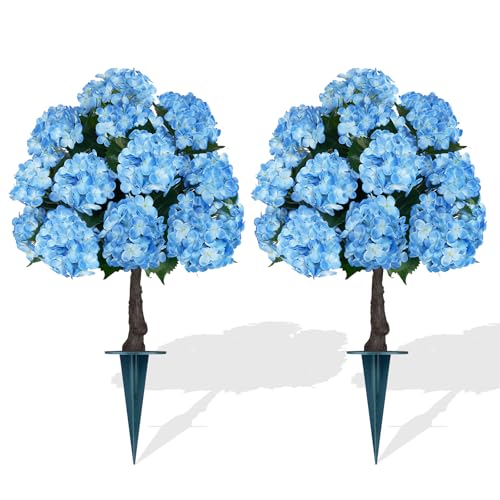Grooy Artificial Topiary Ball Tree with Blue Hydrangea, Set of 2 UV Resistant Shrubs with Ground Spike, Fake Evergreen Plant Decor for Porch Garden Indoor Outdoor - color: Blue Hydrangea