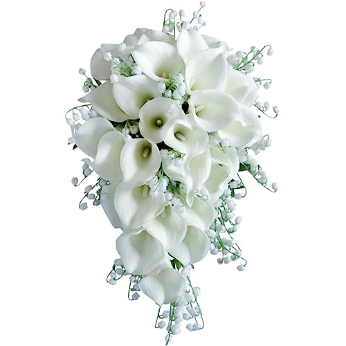 Wedding Bouquet for Bride, White Calla Lily Water Drop Waterfall Romantic Wedding Artificial Flowers Bouquets Cascading Bridal Bouquets for Wedding Ceremony and Anniversary Home Decor, A - color: White Calla Lily Bouquet a