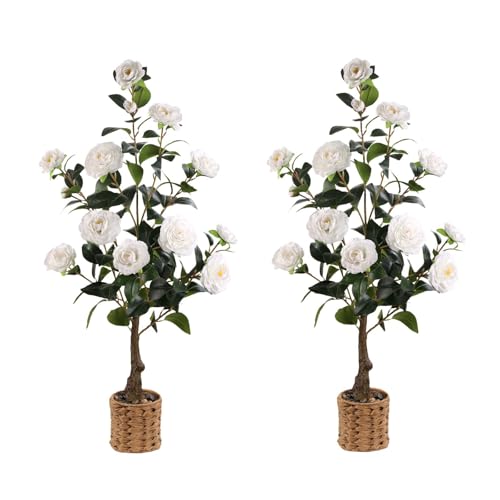 Artificial Camellia Tree 2 Pack, 3Ft Faux White Camellia Plant in Pot, Fake Outdoor Tree Camellia Flower Tree for Home Office Living Room Floor Indoor Decor - color: White