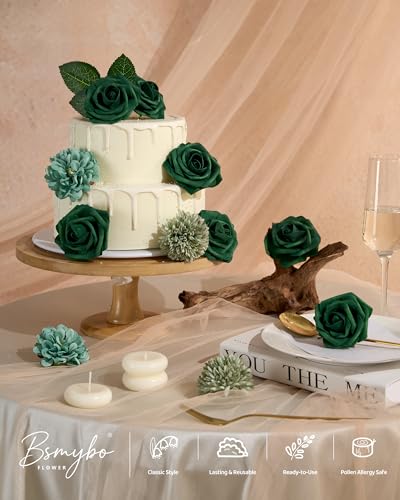 BSMYBO 23pcs Green Flower Artificial Roses Faux Flowers with Stems Mix Fake Roses Dahlia Chrysanthemum Ball for Wedding Bridal Bouquets, Table Centerpieces, Baby Shower, Party, Home Decorations - color: Dark Green, size: PureBlooms