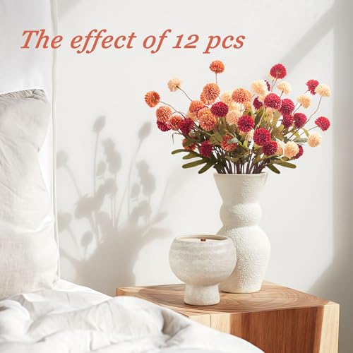SITUMEIZI Faux Silk Pompon Mum Artificial Burnt Orange Flowers Fake Mini Chrysanthemum Flowers Mums 6Pcs for Home Party Wedding Decorations - color: Red-yellow-orange