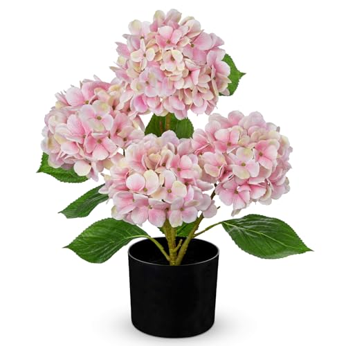 Hollyone Pink Hydrangea Artificial Flowers in Pots 19.7" Four-Head Faux Silk Hydranges Flower Arrangements for Indoor Home Office Kitchen Table Centerpieces Wedding Decorations - color: Pink, size: 4 Head Hydrangea