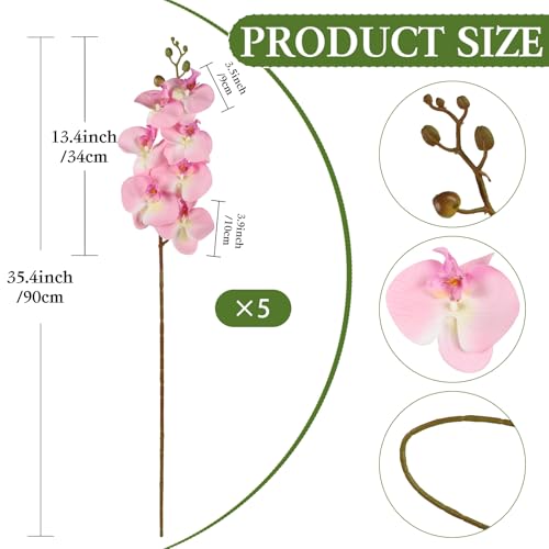 Pink Orchid Artificial Flowers 5PCS Fake Orchid 35.4" Faux Orchid Stems Phalaenopsis Branches for Tall Vase for Bridal Shower Home Party Wedding Centerpices (Pink) - color: Pink