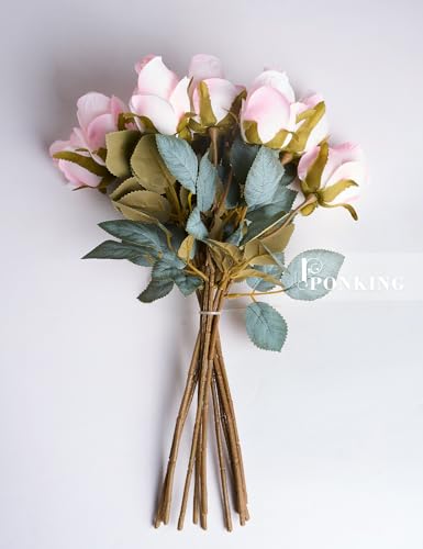 PONKING Rose Artificial Flower Buds 12pcs Realistic Faux Silk Roses Fake Flowers Bouquets Arrangements Decor for Wedding Spring Mother's Day, Home Table Decorations, Light Pink Flower - color: C 12pcs Light Pink Rose