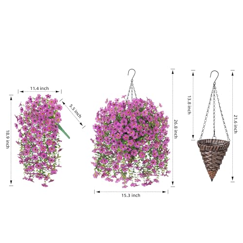 HyeFlora Artificial Hanging Flowers Basket for Outdoor, Fake Flowers Faux Plants Look Real for Yard Gardens Porch Patio Home (Purple) - color: Purple