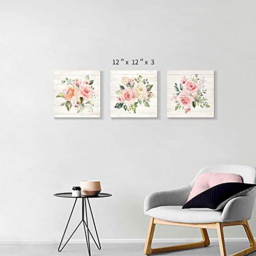 Hardy Gallery Pink Floral Canvas Wall Art: Roses Flowers Bouquet Pictures Artwork for Kitchen Bathrooms (12"x12"x3pcs) - color: Roses Bouquet, size: 12'' x 12'' x 3 Panels