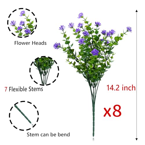 SITUMEIZI 8 Bundles Purple Artificial Flowers Outdoor Fake Flower Plastic UV Resistant Shrubs Greenery Plants Hanging Decorations Garden Porch Window Box Farmhouse Outside Summer Indoor Decor - color: Purple