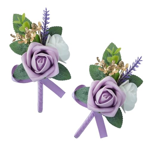 Set of 2 Purple Rose Boutonniere for MenWedding, Groom Groomsman Artificial Flowers for Wedding Anniversary Celebration,Prom,Party,Home Decoratio (Purple) - color: Purple