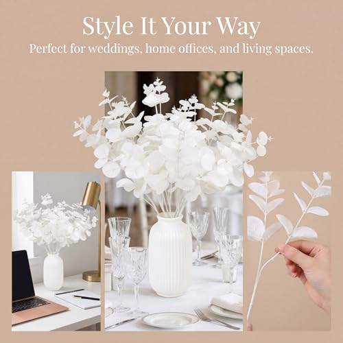GREENTIME 2 Pack White Eucalyptus Stems with 20 Branches 18.5'' Artificial Flower Bouquet for Vase Wedding Table Centerpiece Decor - color: White - Eucalyptus Stems