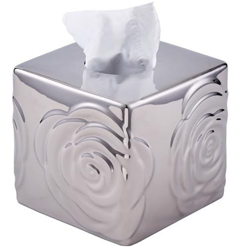 Silver Ceramic Cube Tissue Box Cover with Rose – Large Elegant Rose Floral Square Decorative Tissue Box Holder for Bathroom, Bedroom, Office Desk, Kitchen Counter – Perfect Housewarming Gift - color: Silver