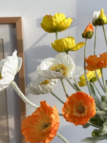 Set of 6 Multicolour Artificial Poppy Flowers, Silk Flowers with Stems for Vase Arrange for Wedding Party Home Office Indoor Kitchen Dining Table Centerpiece Decoration (White Yellow Orange) - color: White Yellow Orange