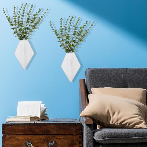 Chunful 2 Pcs Wooden Wall Planter Decor Hanging Fake Plants Greenery Flowers Holder Vase Boxes for Wall Bohemian Farmhouse Room Kitchen Office Indoor Decoration(Retro White,7.1 x 4.7 x 1.2 Inches) - color: Retro White, size: 7.1 x 4.7 x 1.2 inches