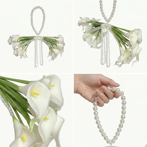 20 Pcs Calla Lily Bridal Bouquet with Pearl Handle, Pearl Cascade Wedding Bouquet with Beaded Pearls, Elegant Bridal Flowers for Wedding Ceremony, Marriage, Party, Church, Bridesmaid Bouquet