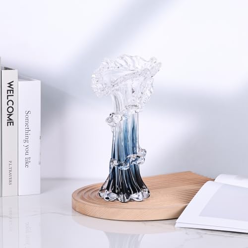 Hand Blown Blue Glass Vase, Unique Art Beautiful Ocean Glass Vase for Coastal Home Decor, Coffee Table, Living Room, Office Decor - 9.8" H (Medium) - size: Medium