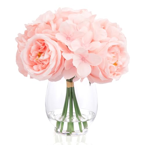 WELL KNOWN Artificial Austin Roses and Hydrangea Petals, 11.5" H Silk Roses Flower Bouquet with Fake Water in Glass Vase, Faux Peony for Home Decor, Table Decor, Weddings, Gift (Pink) - color: Blush Pink