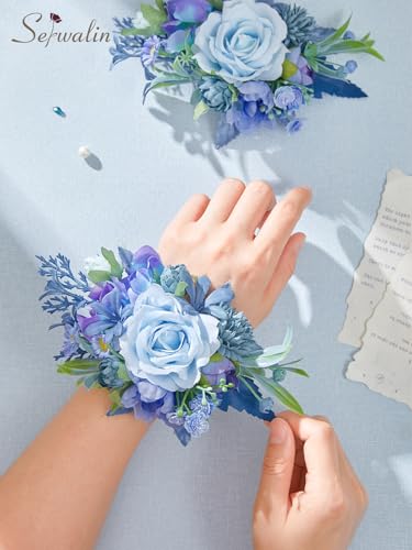 Serwalin 2Pcs Corsage and Boutonniere Set,Blue Rose Corsage Wristlet and Pocket Boutonniere for Prom Wedding Homecoming Anniversary Graduation - color: Blue
