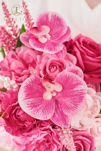 TINGE TIME 9 Inch Artificial Bridal Bouquet, Cascading Wedding Bouquet for Wedding Ceremony and Anniversary (Hot Pink) - color: Hot Pink