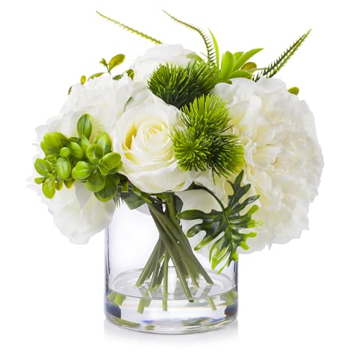 ENOVA FLORAL Artificial Rose Flowers in Vase, Mixed White Rose and Silk Peonies in Vase with Faux Water for Dining Table Centerpieces, Home Decor Indoor (FL-20-Cream) - color: Fl-20-cream