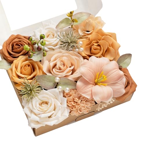 Ling's moment Fake Flowers Box, Faux Artificial Greenery Stems Foam Roses Dahlia Gardenia Tulip Silk Fabic Flower for Centerpieces Bouquet Wedding Vase Decorations, Apricot & Peach, Mini Combo - color: Apricot