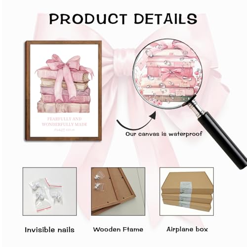 Pink Bow And Book Canvas Wall Art Set of 3, Coquette Trendy Preppy Cute Girl Posters Prints Wall Decor, Book Lovers Gifts for Girls Room College Apartment Living Room Bedroom 16x24In Wood Framed - color: Pink book bow, size: 24L" x 16W"