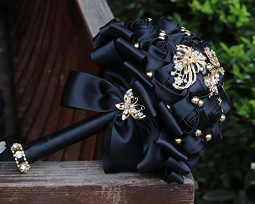 WIFELAI-A Gold Rhinestone Brooch Wedding Flowers Bridal Bouquets Crystal Bride Holding Bouquet White Ivory Satin Roses with Diamond - color: Black